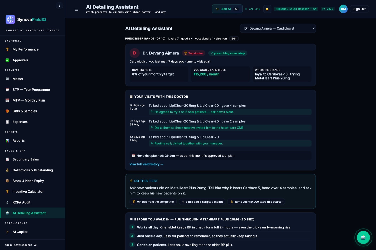 SynovaFieldIQ AI Detailing Assistant — ranked per-doctor product recommendations with reasoning